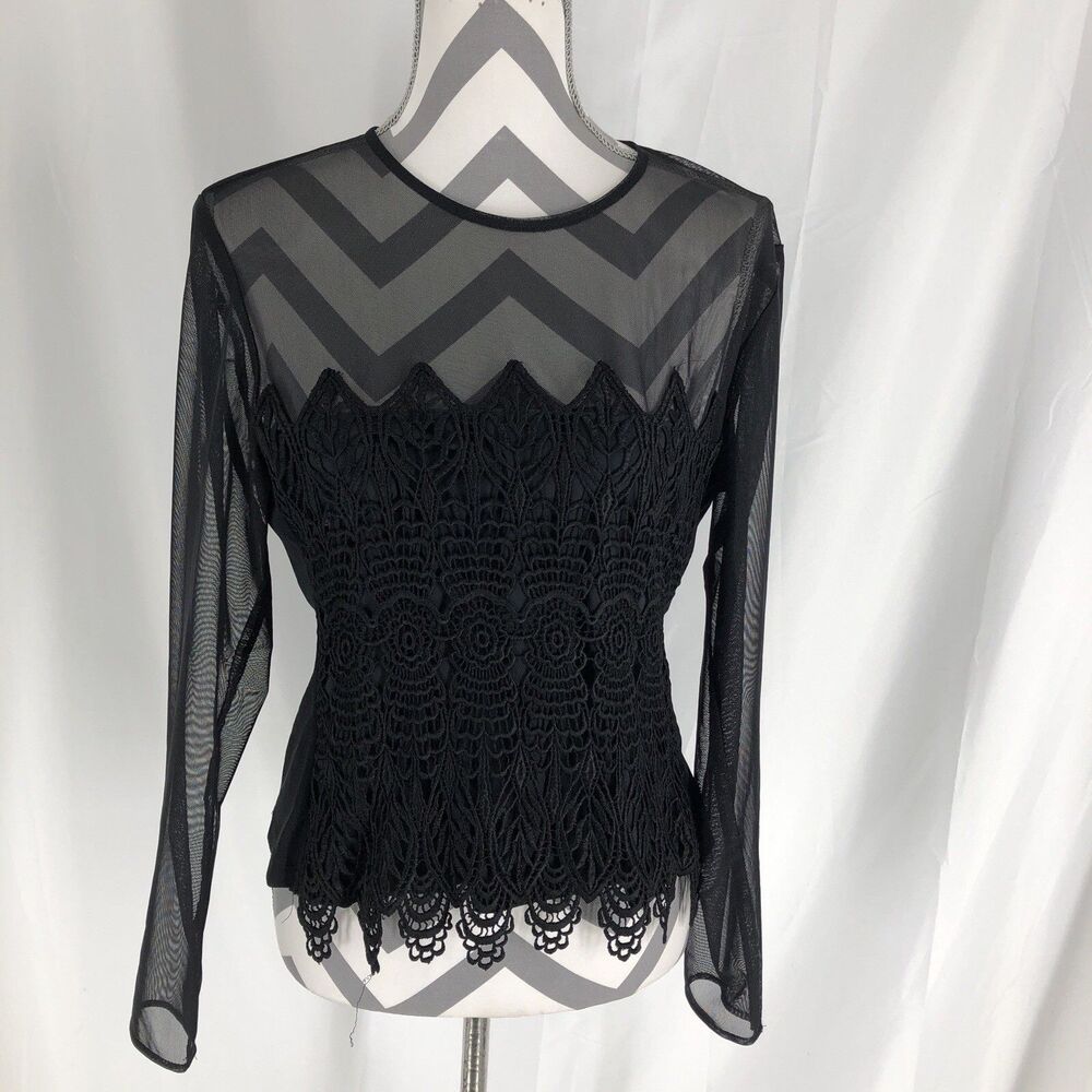 JR Nites By Caliendo Top Women's M Black Sheer Mesh Lace Long Sleeve Blouse